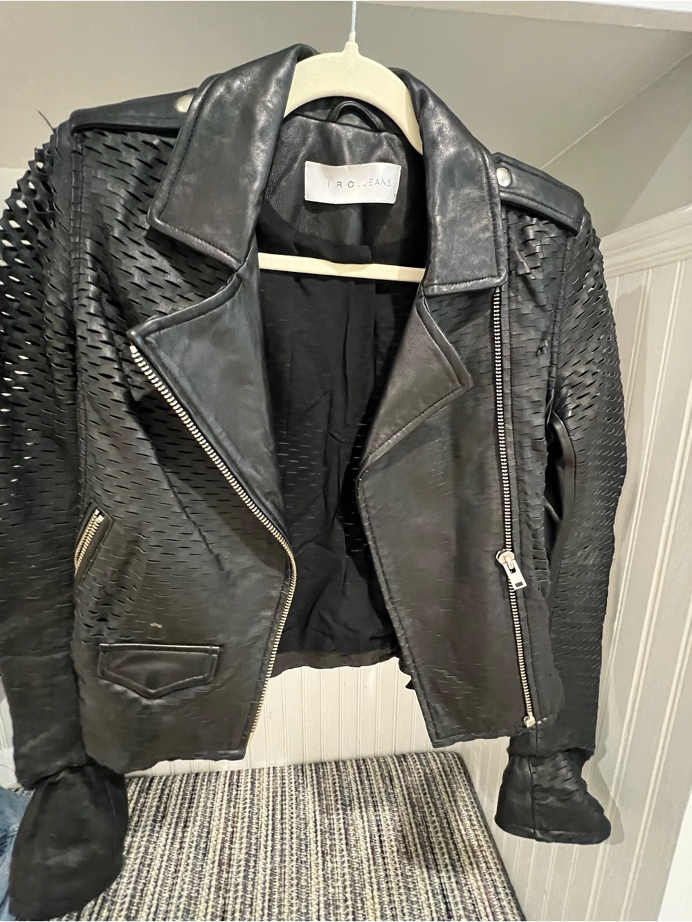 IRO Black Woven-Detail Leather Biker Jacket